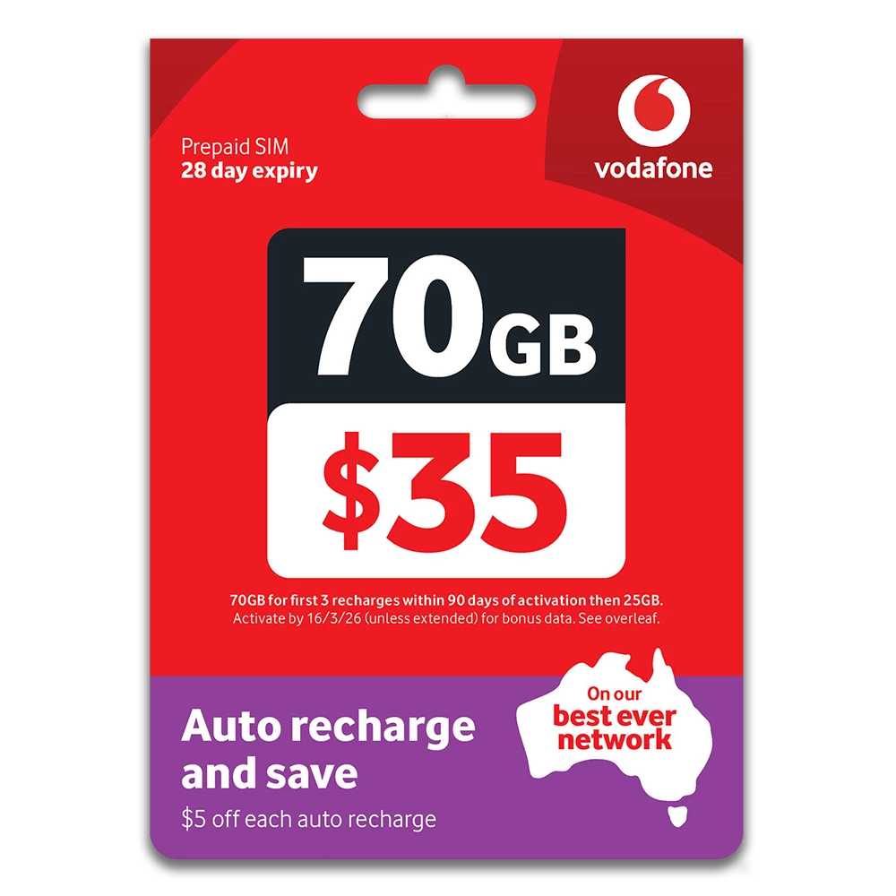 Vodafone $35 Prepaid SIM — 70GB | 28 Days | 5G Ready