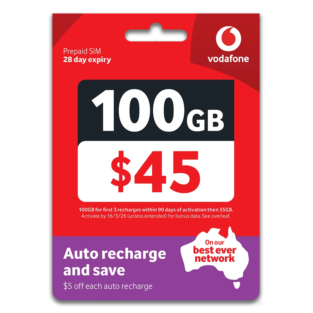 Vodafone $45 Prepaid SIM — 100GB | 28 Days | 5G Ready