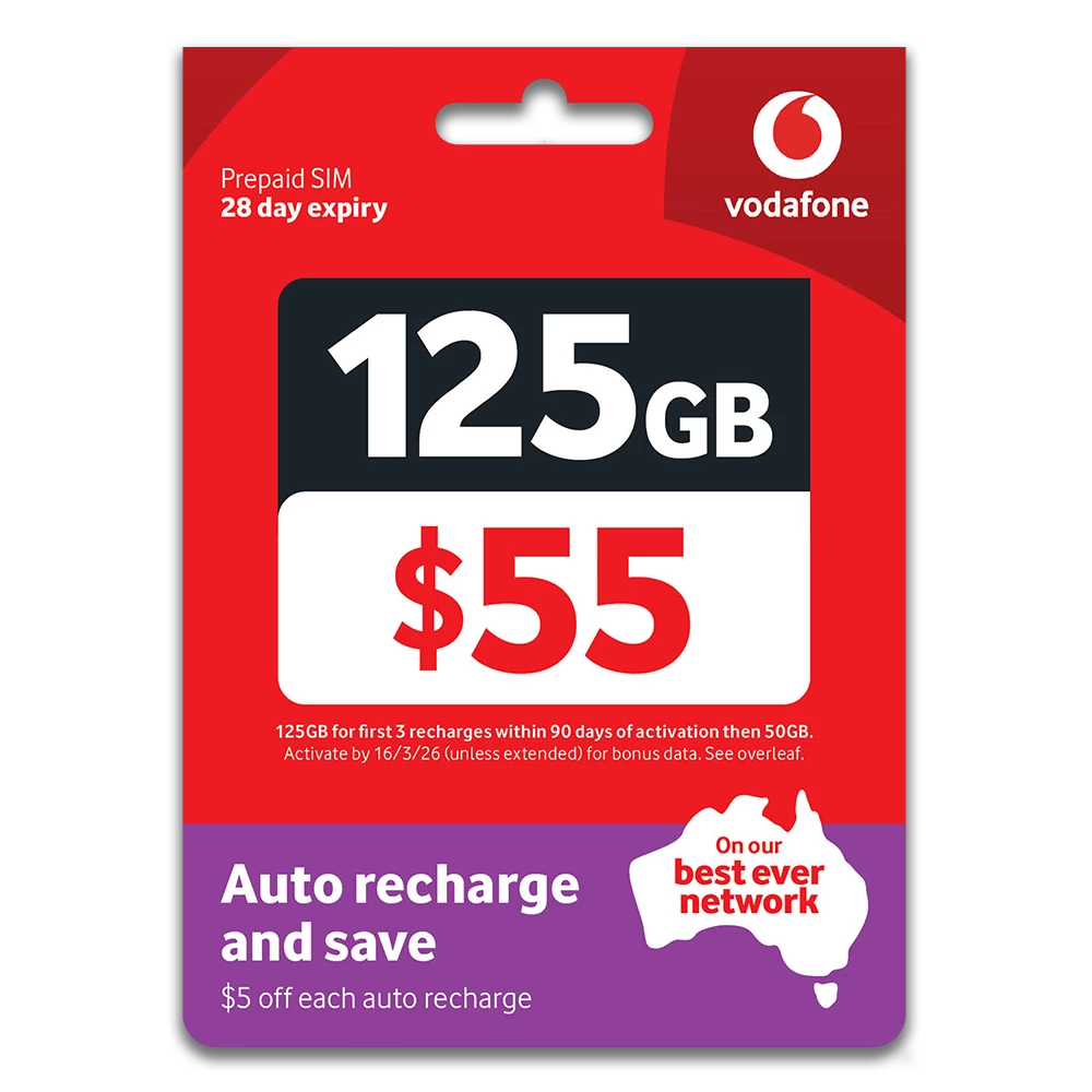 Vodafone $55 Prepaid SIM — 125GB | 28 Days | 5G Ready